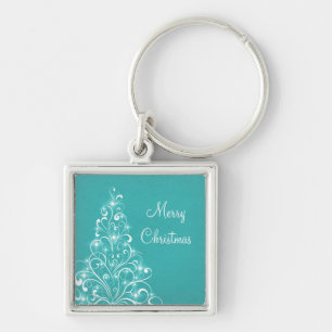 Sparkly Holiday Tree Premium Keychain, Aqua Key Ring