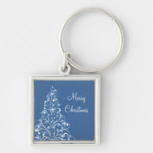 Sparkly Holiday Tree Premium Keychain, Blue Key Ring