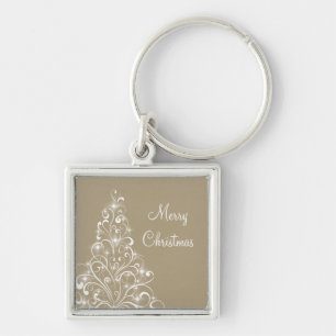 Sparkly Holiday Tree Premium Keychain, Latte Key Ring
