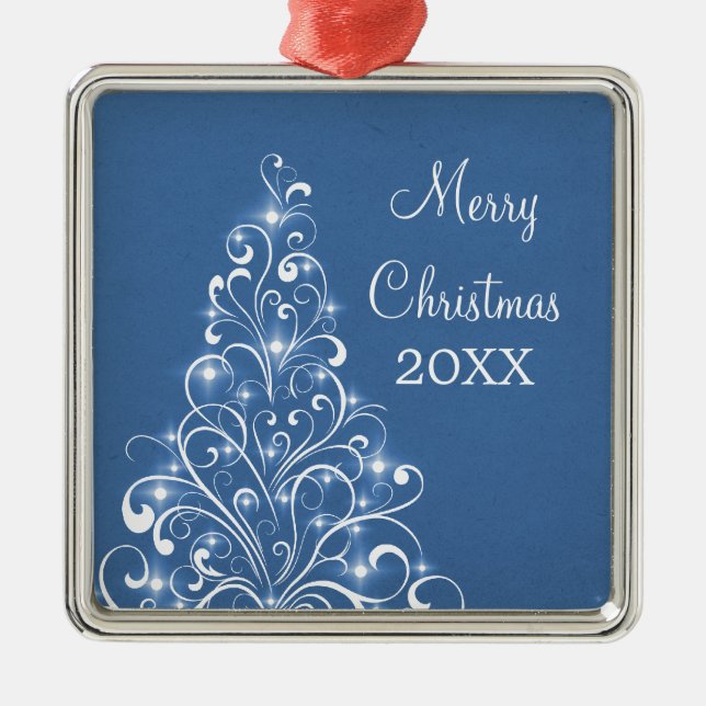 Sparkly Holiday Tree Premium Ornament, Blue Metal Tree Decoration (Front)