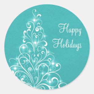 Sparkly Holiday Tree Stickers, Aqua Classic Round Sticker