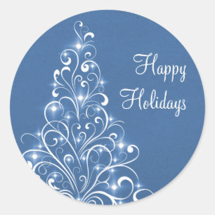 Sparkly Holiday Tree Stickers, Blue Classic Round Sticker