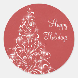 Sparkly Holiday Tree Stickers, Red Classic Round Sticker
