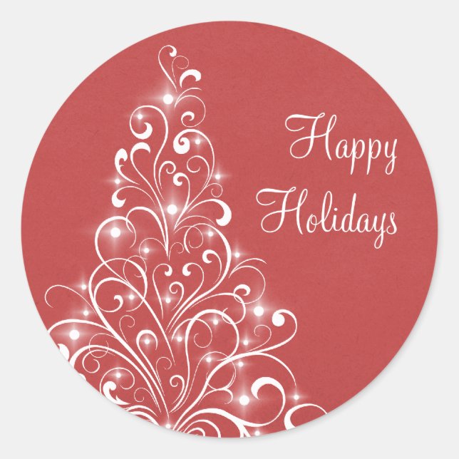 Sparkly Holiday Tree Stickers, Red Classic Round Sticker (Front)