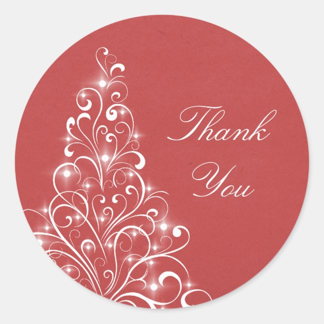 Sparkly Holiday Tree Thank You Stickers, Red Classic Round Sticker (Front)