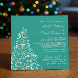 Sparkly Holiday Tree Wedding Invite, Aqua Invitation
