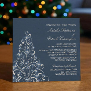 Sparkly Holiday Tree Wedding Invite, Dark Blue Invitation
