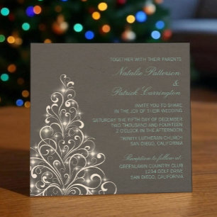 Sparkly Holiday Tree Wedding Invite, Grey Invitation