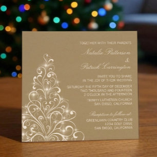Sparkly Holiday Tree Wedding Invite, Latte Invitation