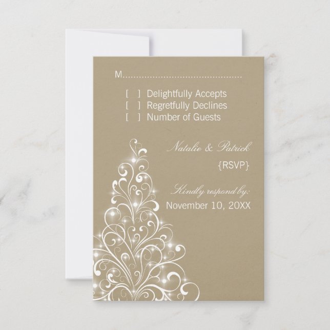 Sparkly Holiday Tree Wedding RSVP Card, Latte (Front)