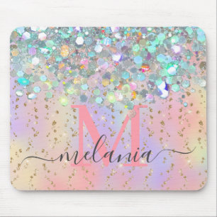 Sparkly Holographic Rose Gold Glitter Monogram Mouse Pad
