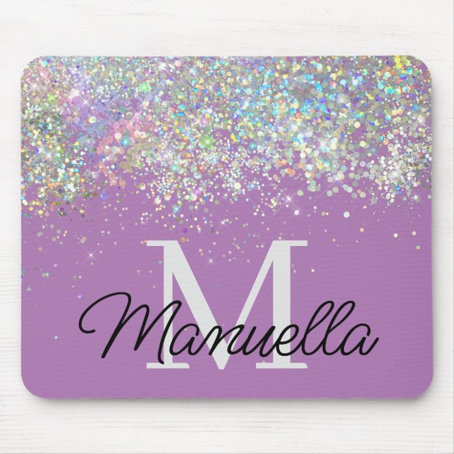 Sparkly Holographic Rose Gold Glitter Monogram Mouse Pad (Front)
