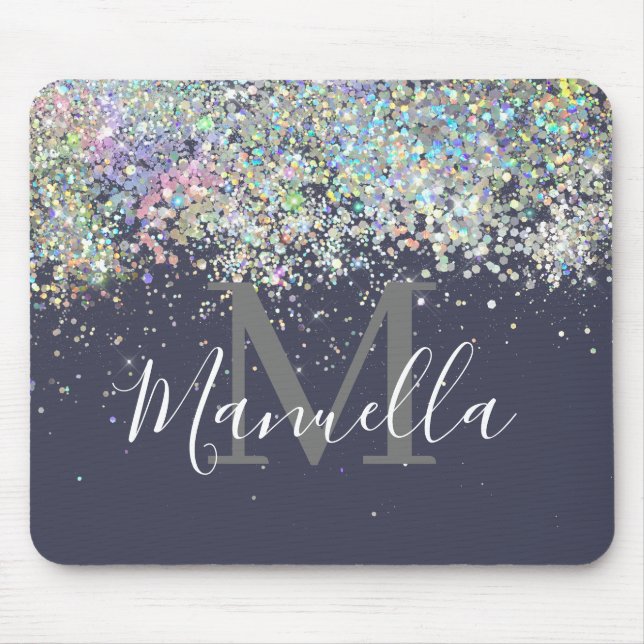 Sparkly Holographic Rose Gold Glitter Monogram Mouse Pad (Front)