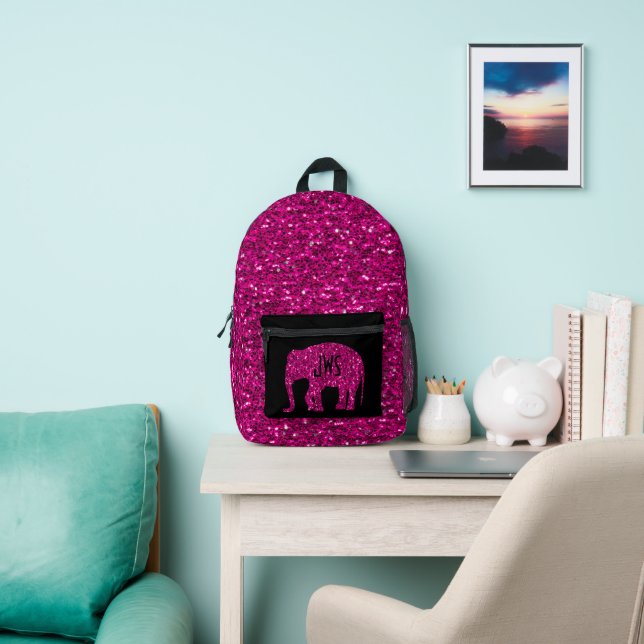 Sparkly hot pink Elephant Custom Monogram black Printed Backpack (Insitu)
