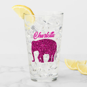 Sparkly hot pink Elephant Custom name Glass