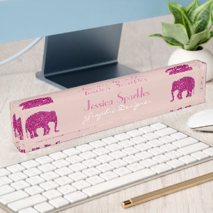 Sparkly hot pink Elephant Custom name Occupation Nameplate