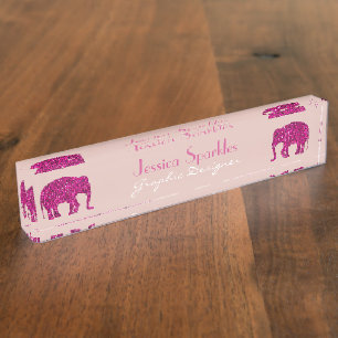 Sparkly hot pink Elephant Custom name Occupation Nameplate