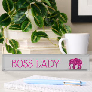 Sparkly hot pink Elephant faux sparkle Boss Lady Nameplate