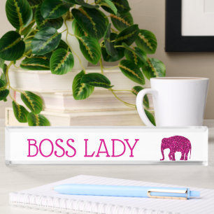 Sparkly hot pink Elephant faux sparkle Boss Lady Nameplate