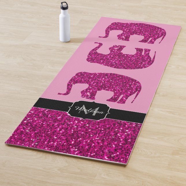 Sparkly hot pink Elephant faux sparkles Monogram Yoga Mat (In Situ)