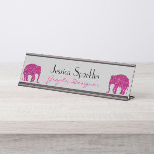 Sparkly hot pink Elephant faux sparkles Your name Desk Name Plate