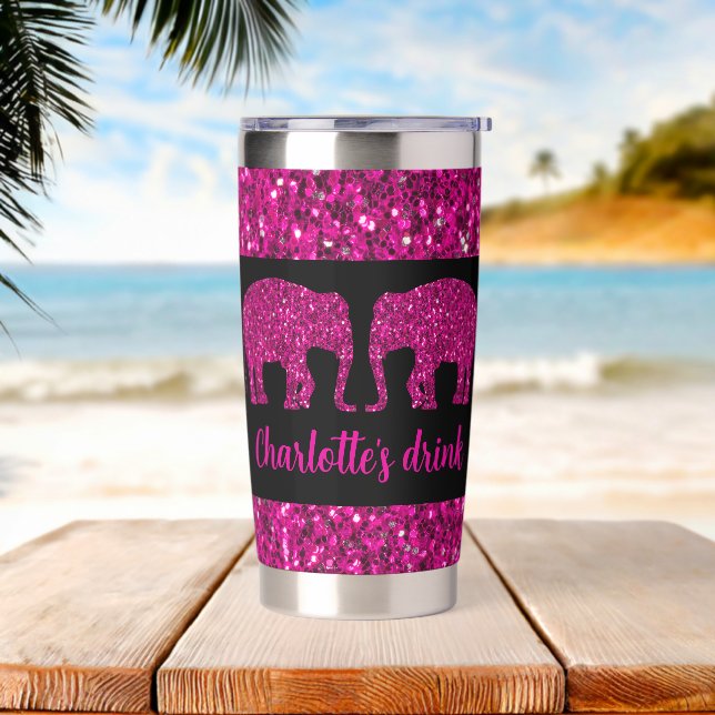 Sparkly hot pink Elephant sparkle Custom name Insulated Tumbler (Beach)