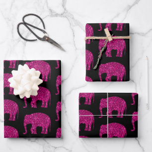 Sparkly hot pink Elephant sparkles pattern black Wrapping Paper Sheet