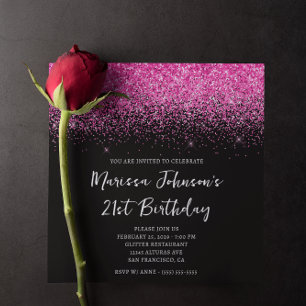 Sparkly Hot Pink Glitter Black 21st Birthday Invitation