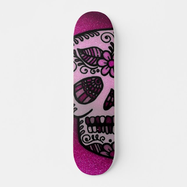 Sparkly Hot Pink Glitter Sugar Skull Tattoo Design Skateboard (Front)