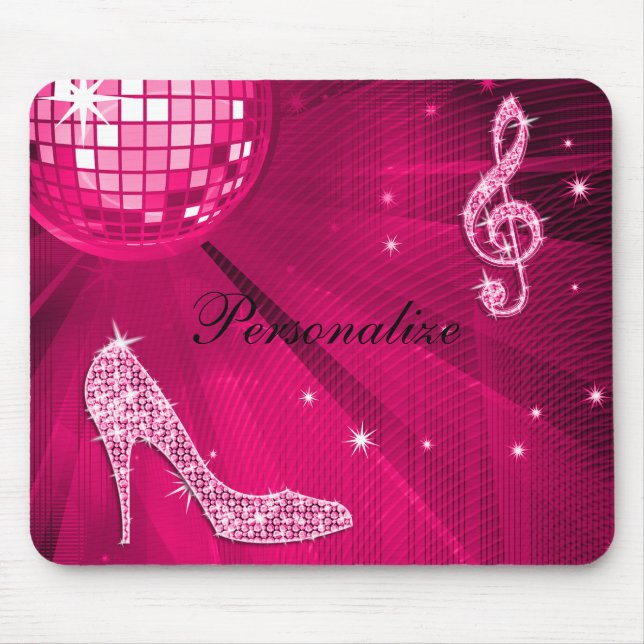 Sparkly Hot Pink Music Note & Stiletto Heel Mouse Pad (Front)