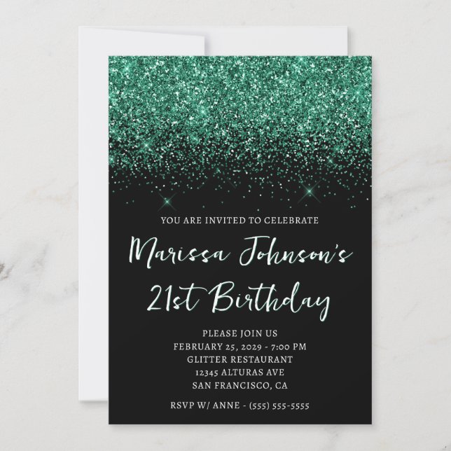 Sparkly Hunter Green Glitter Black 21st Birthday Invitation (Front)
