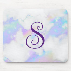 Sparkly Iridescent Rainbow Marble Curly Monogram Mouse Pad