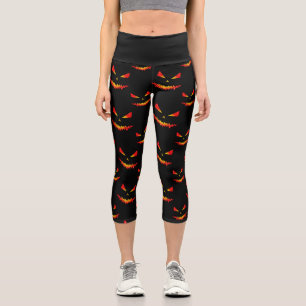 Sparkly Jack O'Lantern face Halloween pattern Capri Leggings
