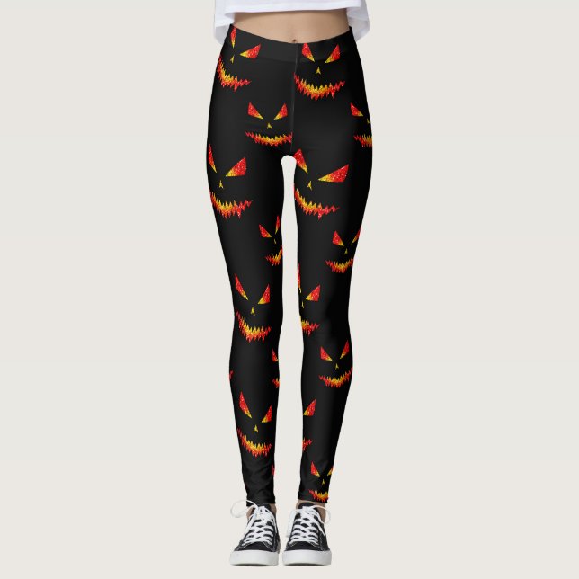 Sparkly Jack O'Lantern face Halloween pattern Leggings (Front)