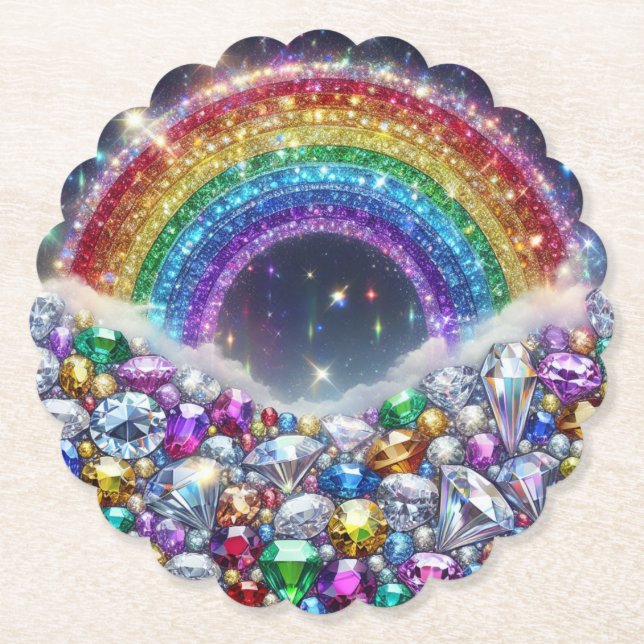 sparkly, jewelled rainbow paper coaster (Front)