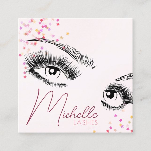 Sparkly Lashes Pink Glitter Star Confetti Makeup Square Business Card (Front)