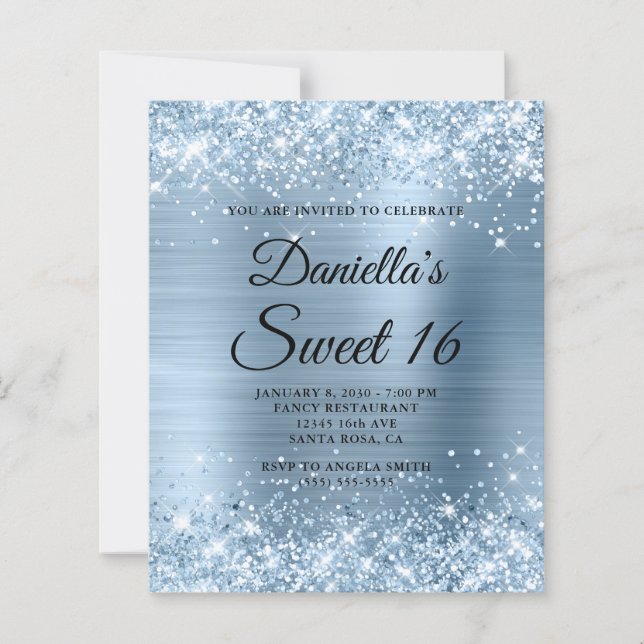 Sparkly Light Blue Glitter and Foil Sweet 16 (Front)