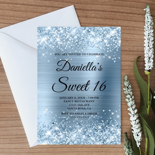 Sparkly Light Blue Glitter and Foil Sweet 16 Invitation (Create your own pretty light blue glittery foil digital art birthday invitation.)