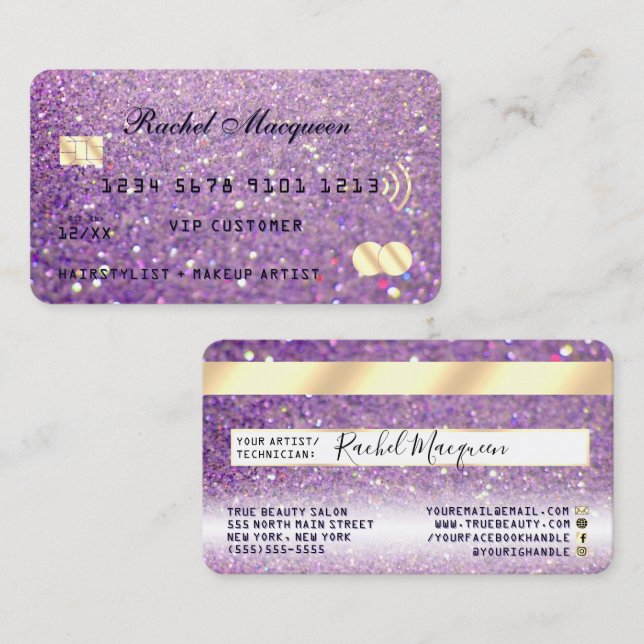 Sparkly Lilac Purple Gold Glitter Credit Business Card (Front/Back)