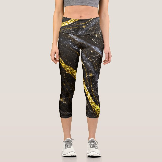 Sparkly line gold black chic abstract capri leggings (Front)