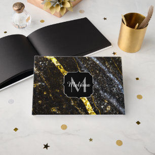 Sparkly line gold black chic abstract Monogram Guest Book