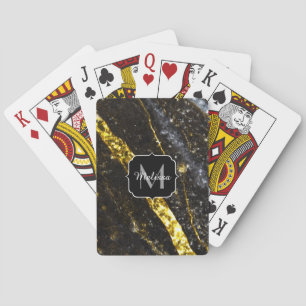 Sparkly line gold black chic abstract Monogram Playing Cards
