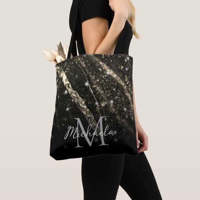 Sparkly line gold black chic abstract Monogram Tote Bag (Close Up)