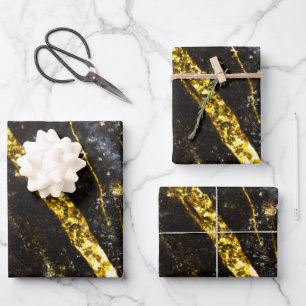 Sparkly line gold black chic abstract wrapping paper sheet