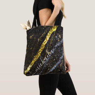 Sparkly line gold black chic abstract Your name Tote Bag