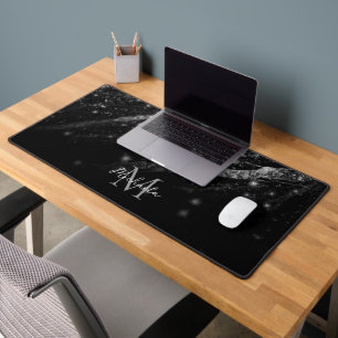 Sparkly line silver black chic abstract Monogram Desk Mat
