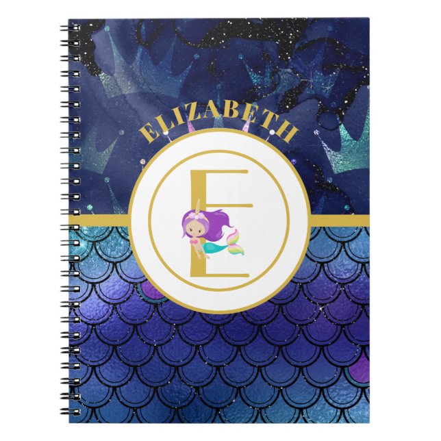 Sparkly Mermaid Scales Unicorn Horn Monogram Notebook (Front)