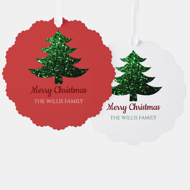 Sparkly Merry bright Christmas tree Custom name Tree Decoration Card (Front/Back)