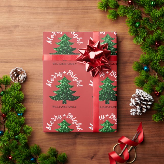 Sparkly Merry Bright Christmas tree Custom name Wrapping Paper (Holiday Gift)
