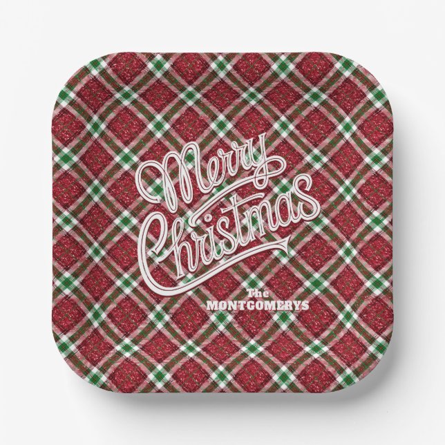Sparkly Merry Christmas Plaid Square Paper Plate (Front)